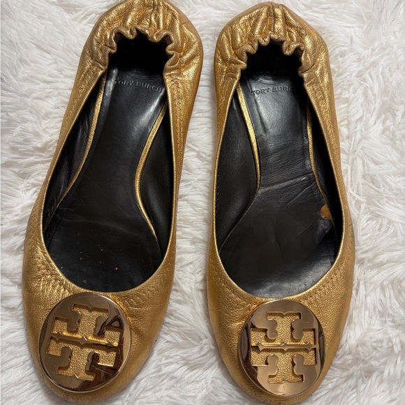 Tory Burch Metallic Gold Logo Round-Toe Ballet Flats - Picture 2 of 14